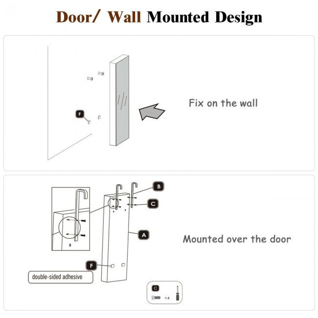 Wall/door mounted jewelry cabinet mounting diagram with hardware points
