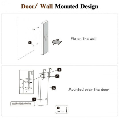 Wall/door mounted jewelry cabinet mounting diagram with hardware points