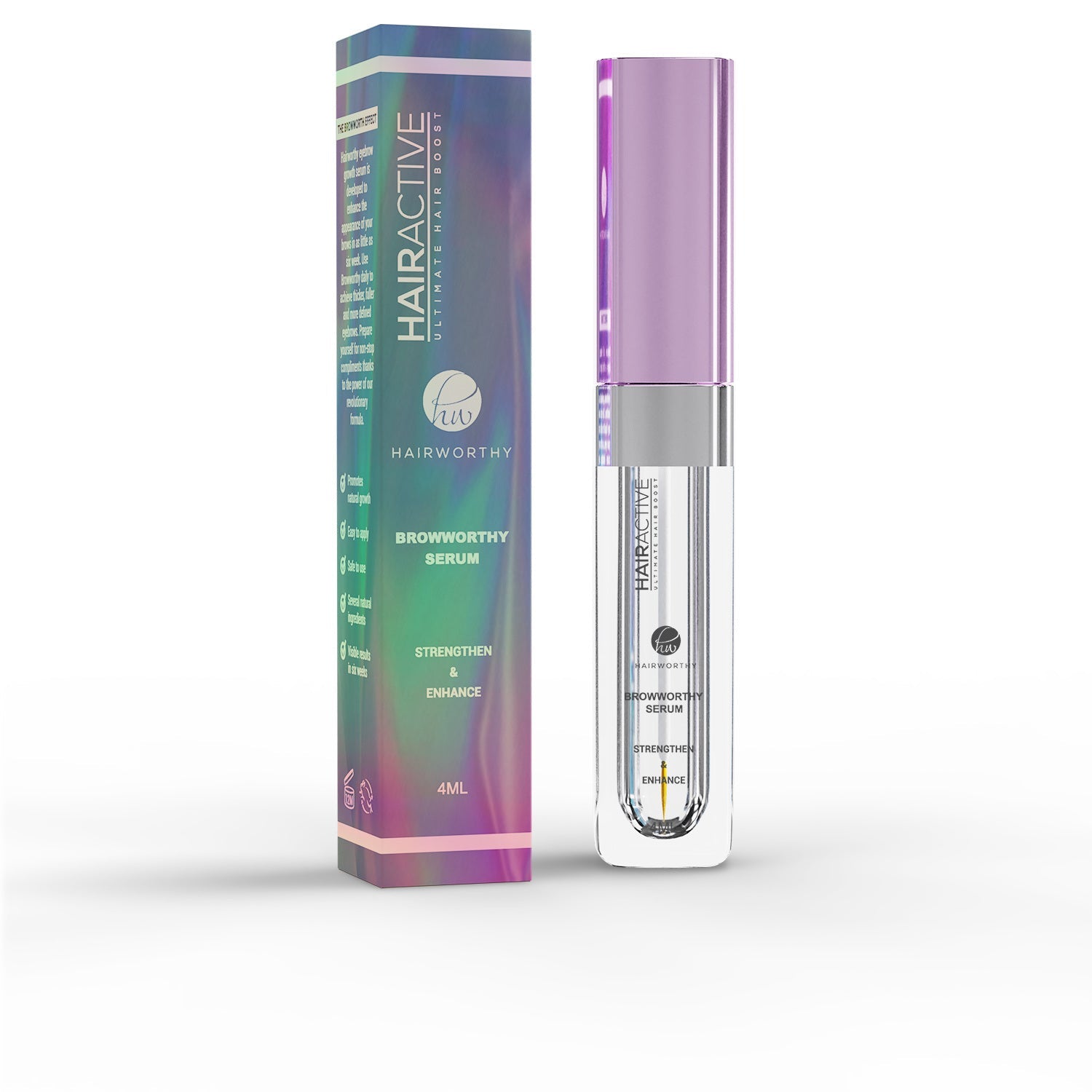 Eyebrow serum box and clear bottle with purple top and silver applicator, front view
