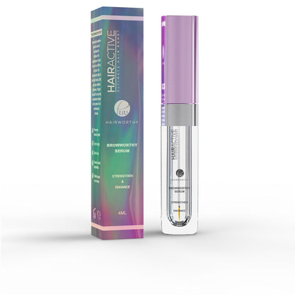 Eyebrow serum box and clear bottle with purple top and silver applicator, front view