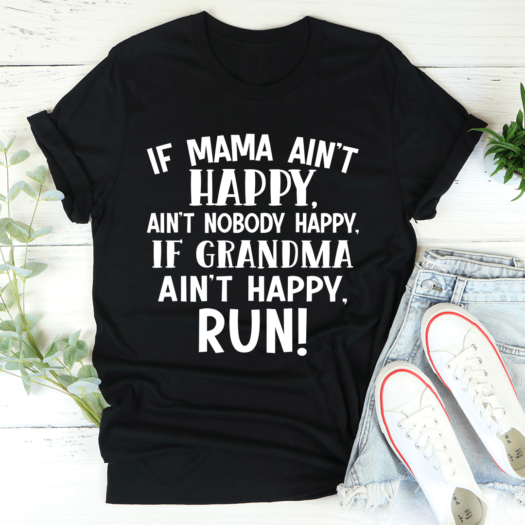 Black graphic T-shirt with bold Mama quote text, 'run!'