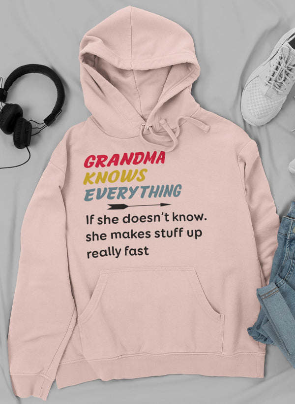 Pink hoodie with “Grandma Knows Everything” front graphic, hood, and kangaroo pocket