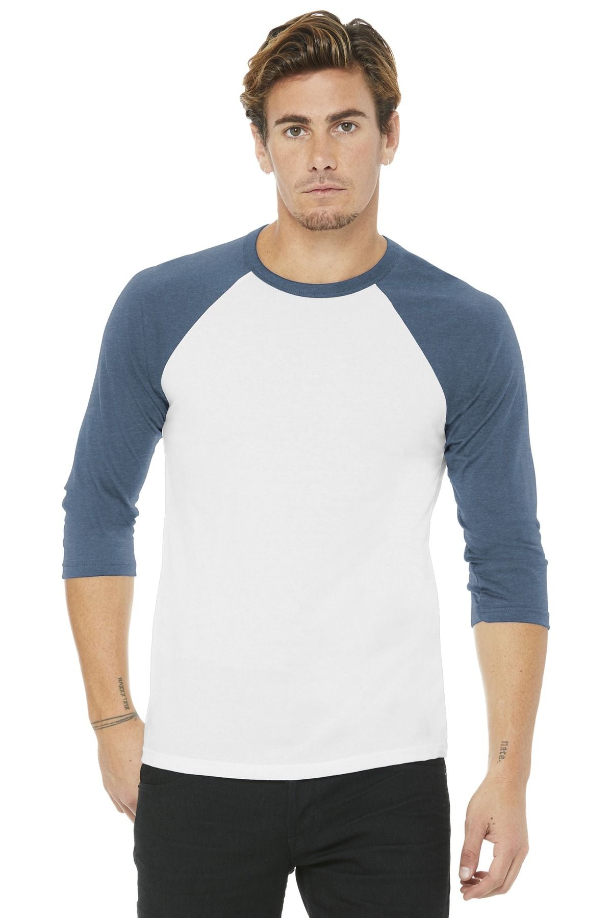 Unisex 3/4-sleeve baseball raglan tee, white body with blue sleeves and ribbed collar.