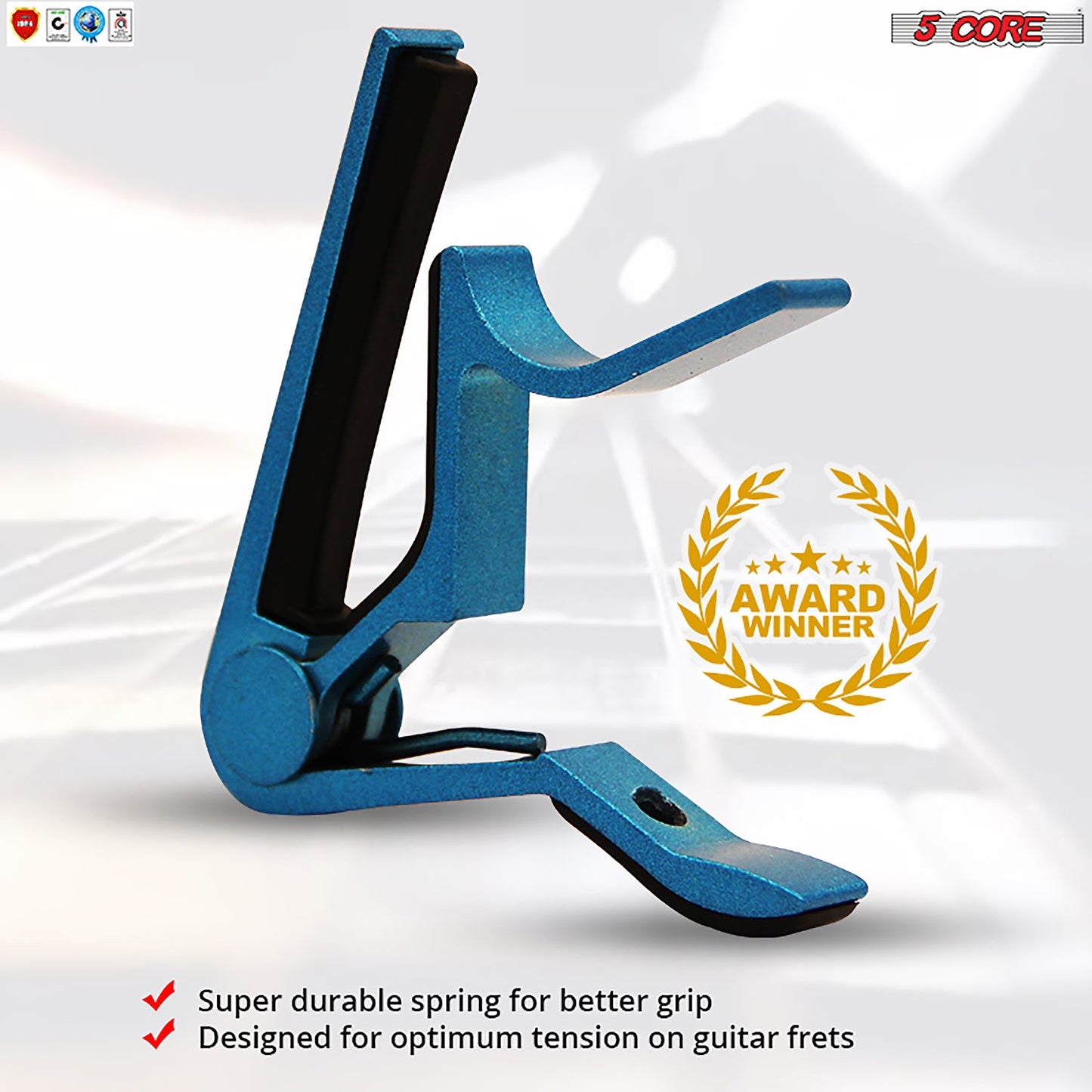Blue spring-clip guitar capo with curved clamp lever