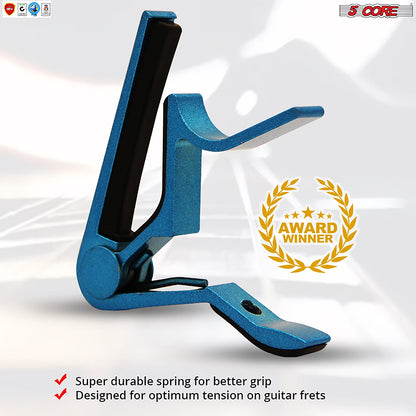 Blue spring-clip guitar capo with curved clamp lever