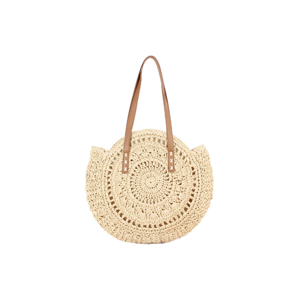 Handmade straw tote bag with round crochet pattern and tan leather-look handles