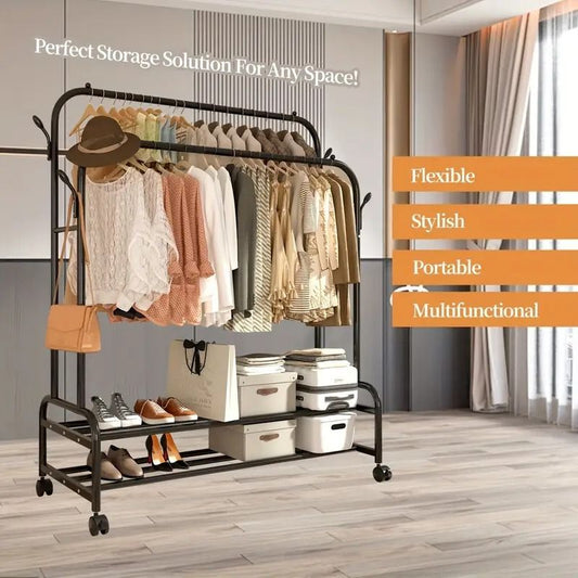 Heavy-Duty Rolling Metal Garment Rack with Dual Bars - Portable Clothes Hanger w/Shelves - Hooks, Multi-Functional Wardrobe Organizer for Bedroom/Laundry,