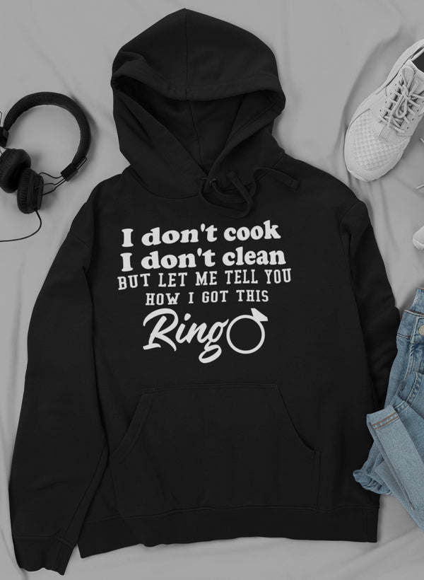 Black hoodie with front text graphic and drawstring hood