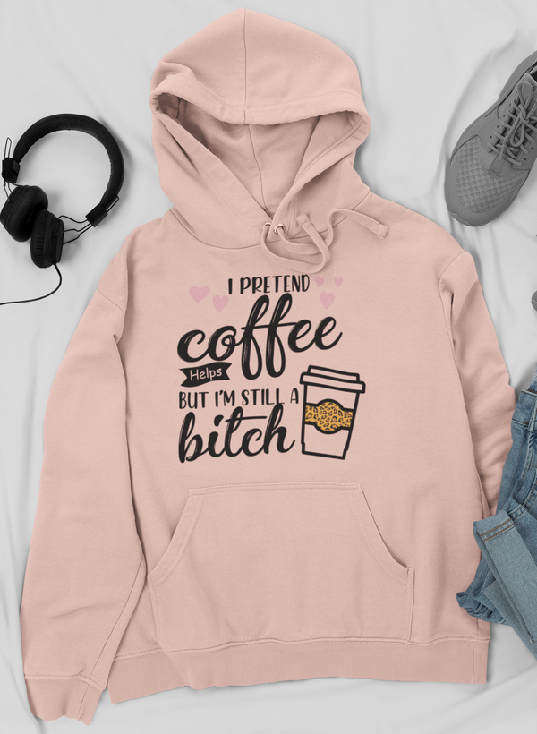 Light pink hoodie with hood and drawstrings, front pouch pocket, and coffee graphic
