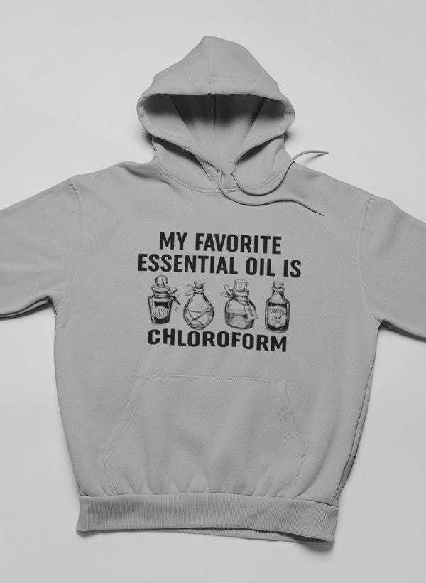 Light gray pullover hoodie with kangaroo pocket and front print 'ESSENTIAL OIL IS CHLOROFORM'