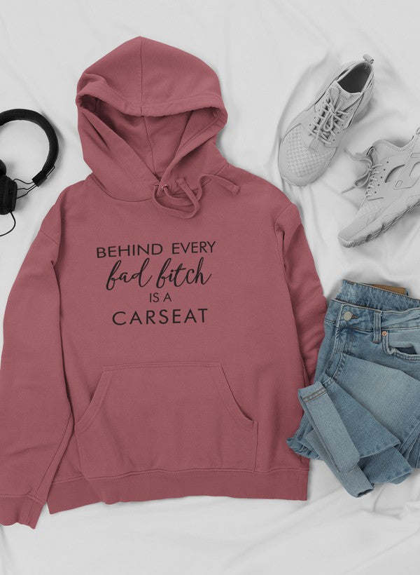 Mauve car seat hoodie with front kangaroo pocket and drawstring hood, printed slogan
