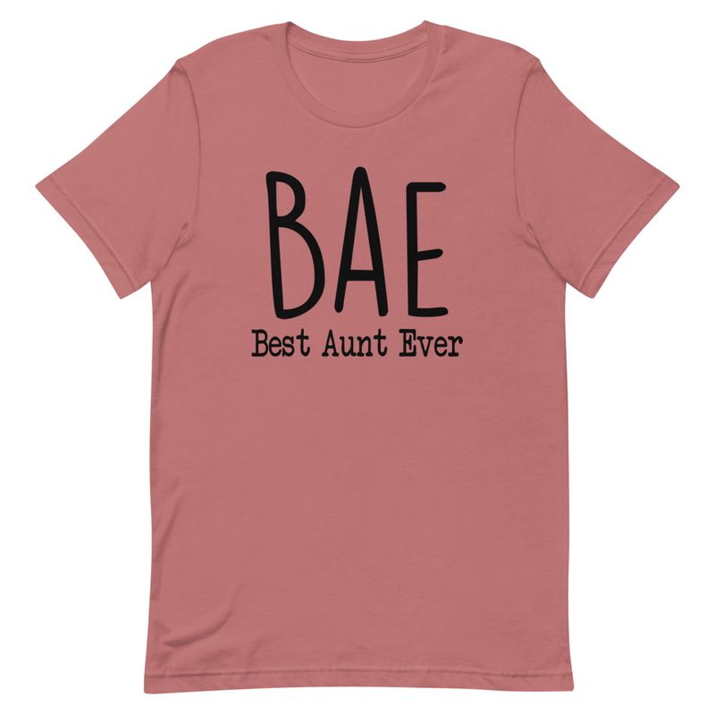 Mauve crew-neck T-shirt featuring 'BAE' and 'Best Aunt Ever' print.