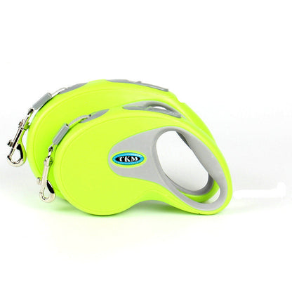 Green retractable pet leash reel with chrome clips and woven nylon cord