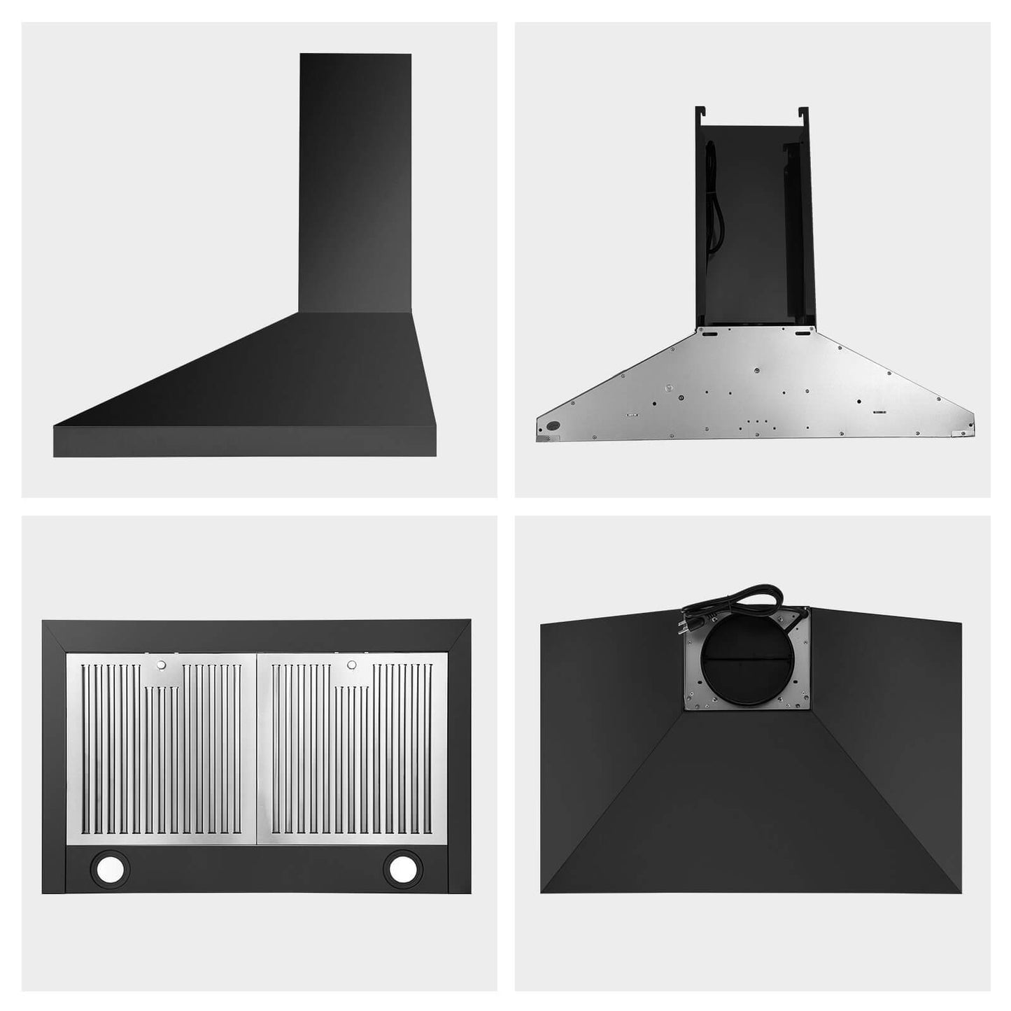 Wall mount range hood parts shown: underside baffles and internal fan view