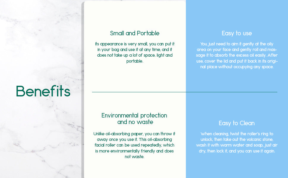 Portable face roller benefits card with easy-to-use and easy-to-clean sections