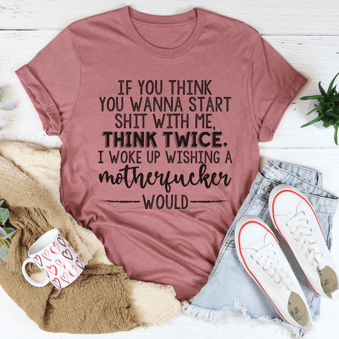 Mauve crew-neck T-shirt with bold slogan graphic print on front
