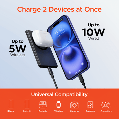 Black power bank charging a phone and wireless earbuds at once