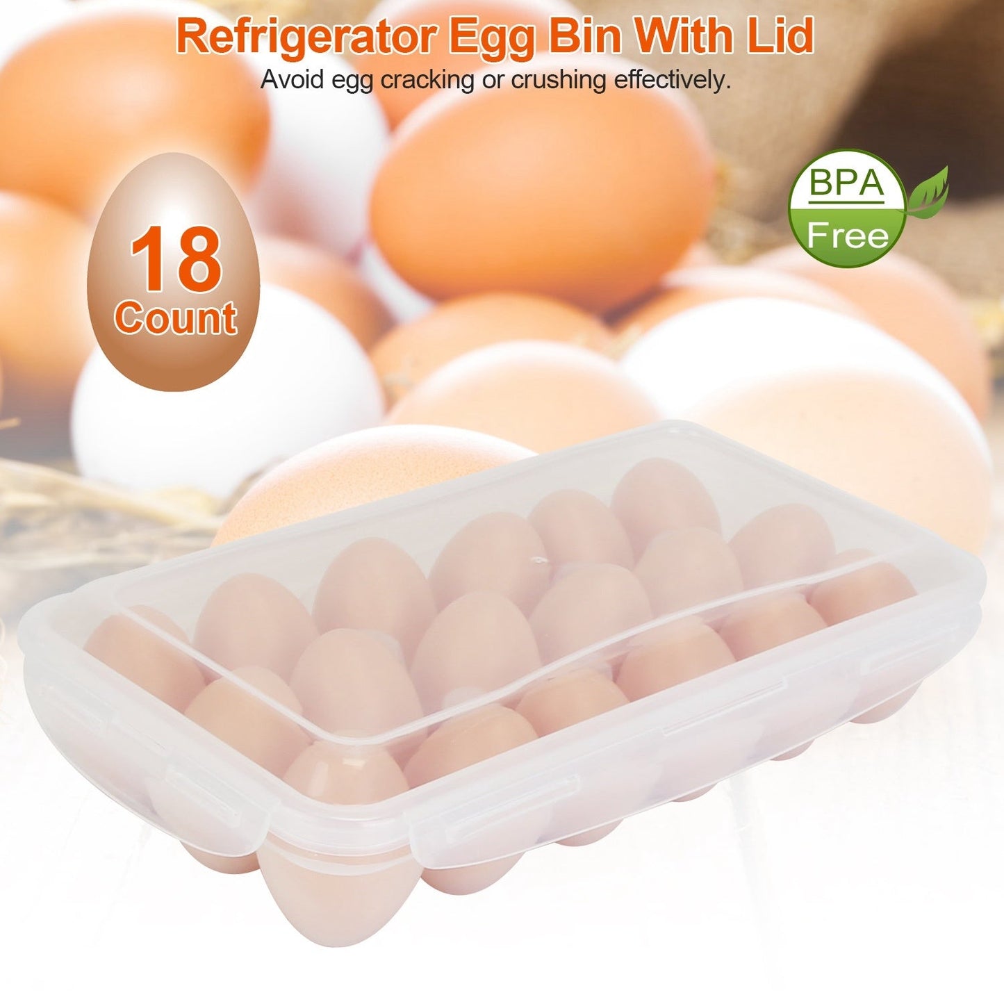 Clear plastic refrigerator egg bin with lid, 18-egg capacity, BPA-free design