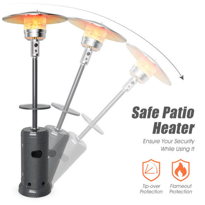 Dual-head propane patio heater with round metal top, side table, and black tank base