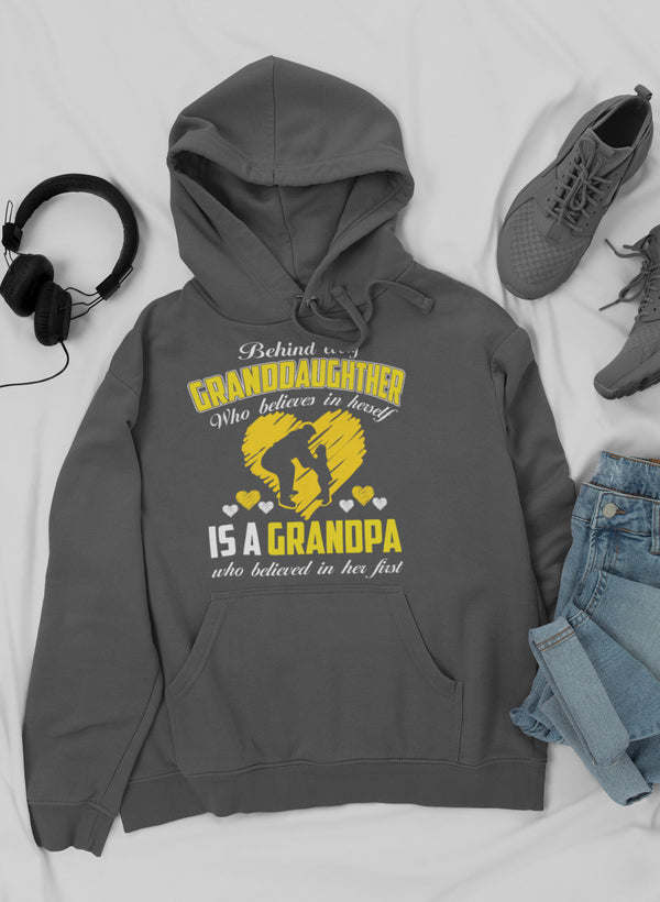 Dark heather gray hoodie with front graphic print and drawstring hood, kangaroo pocket.