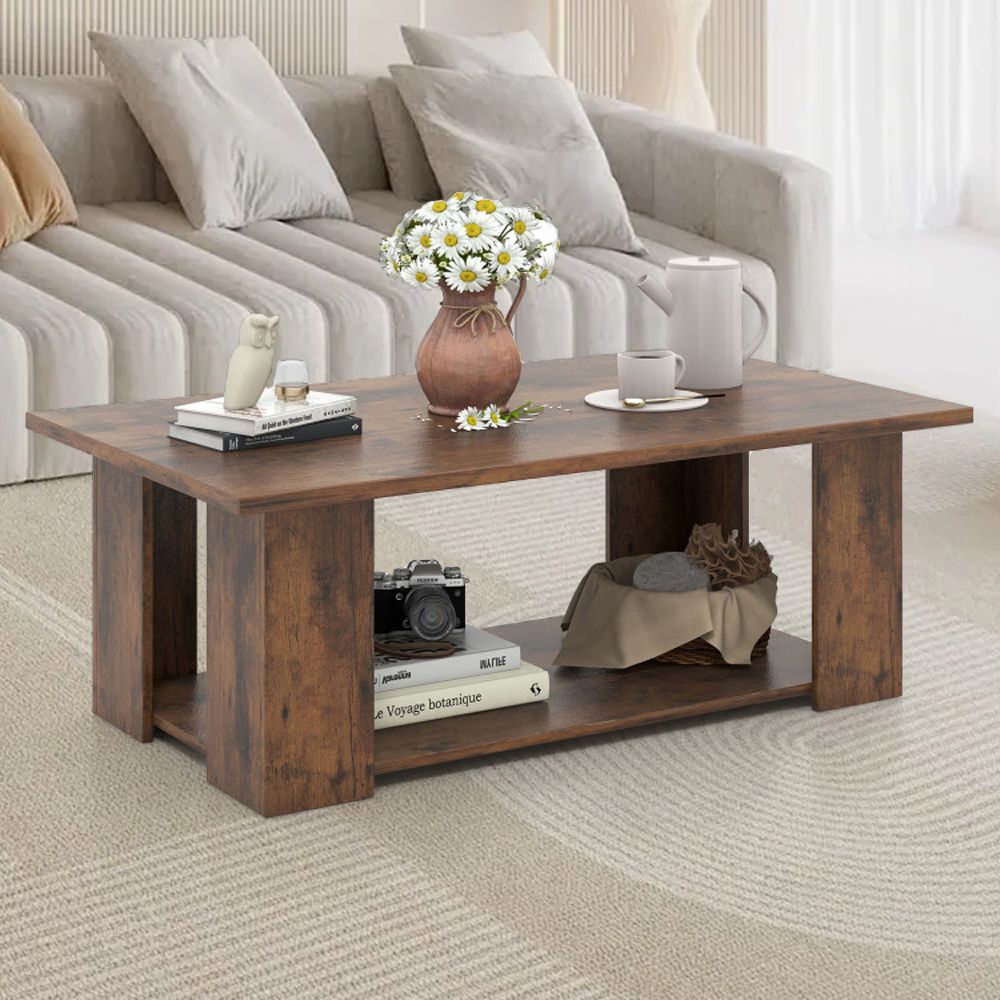 Large 41 Inch 2-tier Wooden Modern Coffee Table with Storage Shelf living room table