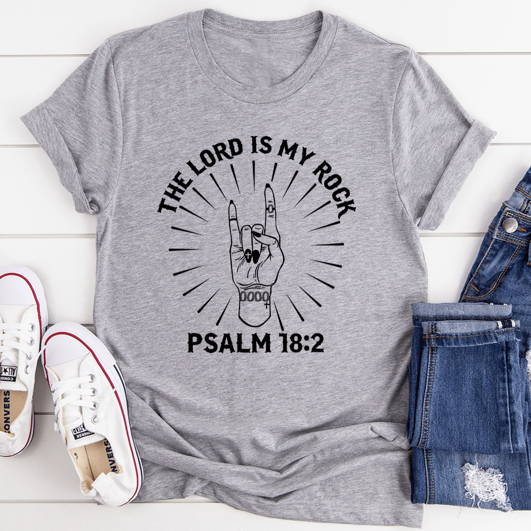 Heather gray short-sleeve T-shirt with front graphic: “THE LORD IS MY ROCK” and “PSALM 18:2”