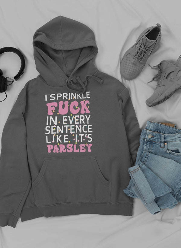 Dark gray pullover hoodie with front graphic text print and drawstring hood
