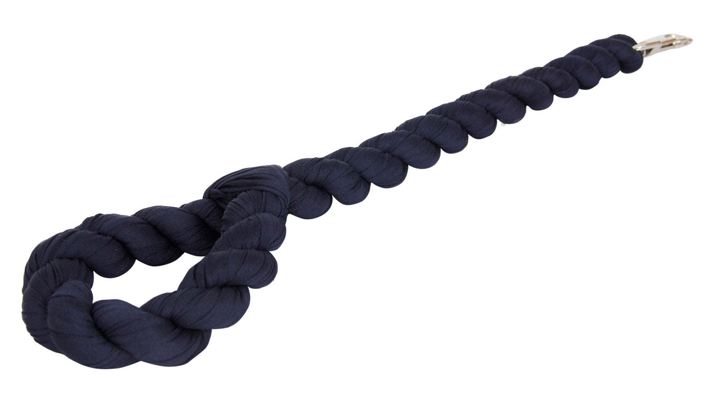 Navy braided dog leash with large braided loop and metal clasp end