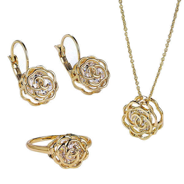 Gold jewelry set with rose-shaped earrings, ring, and pendant on a chain
