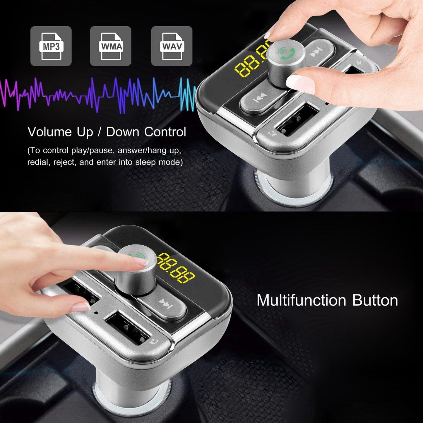 Car FM transmitter with volume control knob and dual USB ports, held by hand