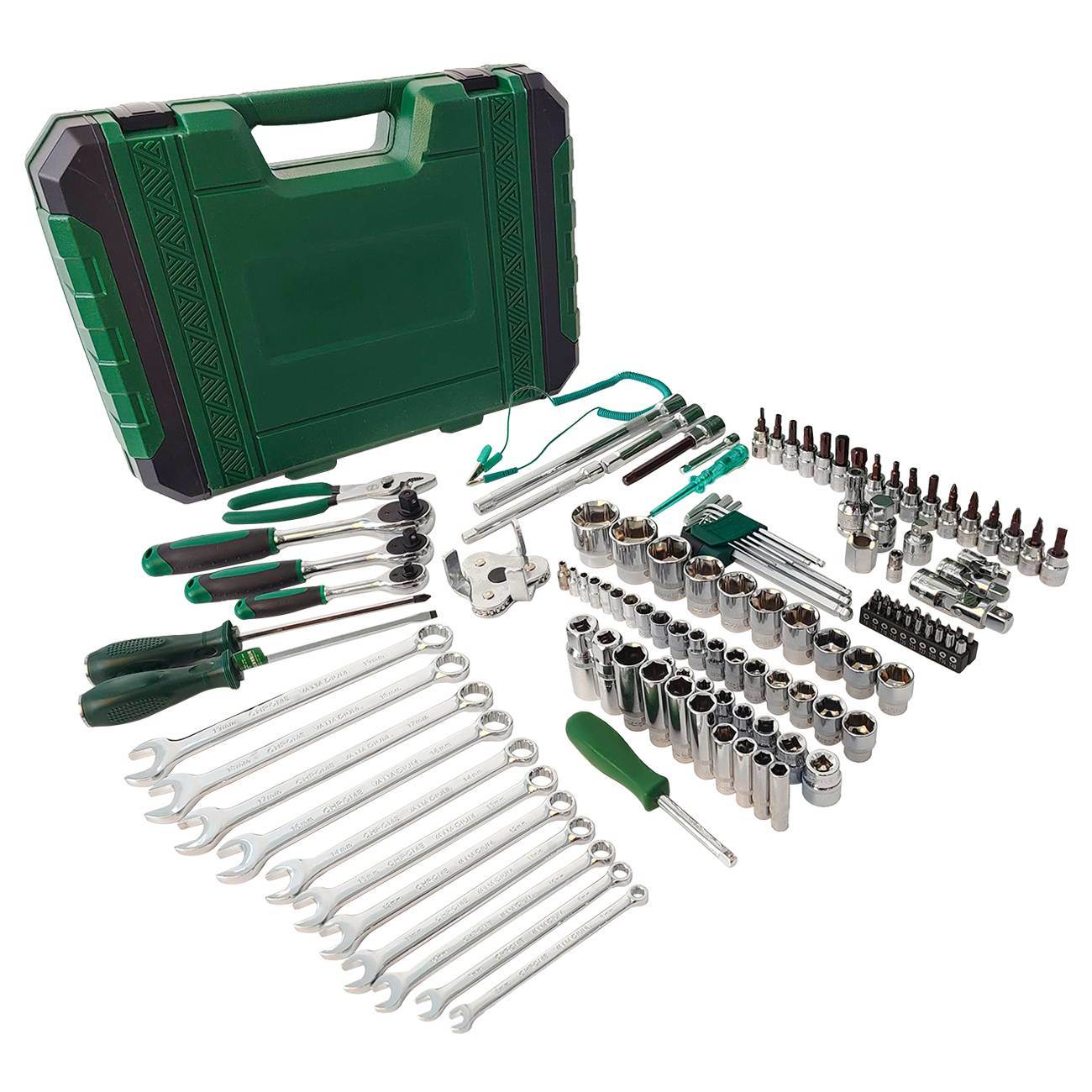 Green socket wrench tool set in case with ratchet, sockets, and wrenches