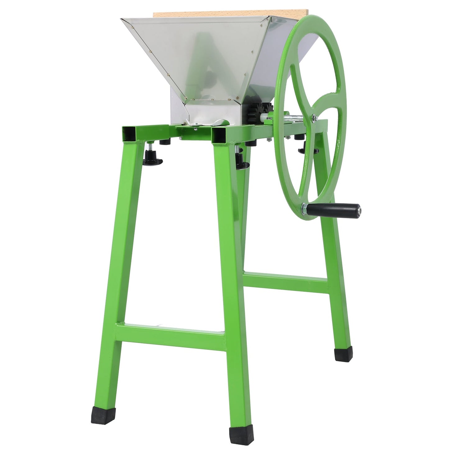 Green manual fruit juicer grinder with stainless hopper and right-side crank handle