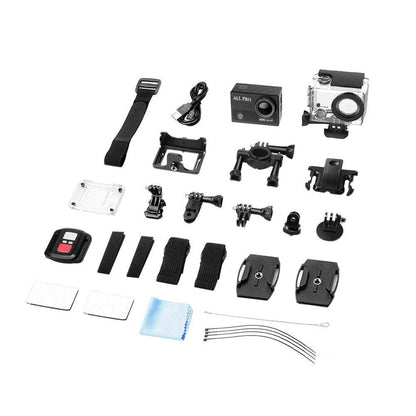 Action camera accessory kit with mounts, straps, clips, and waterproof case parts