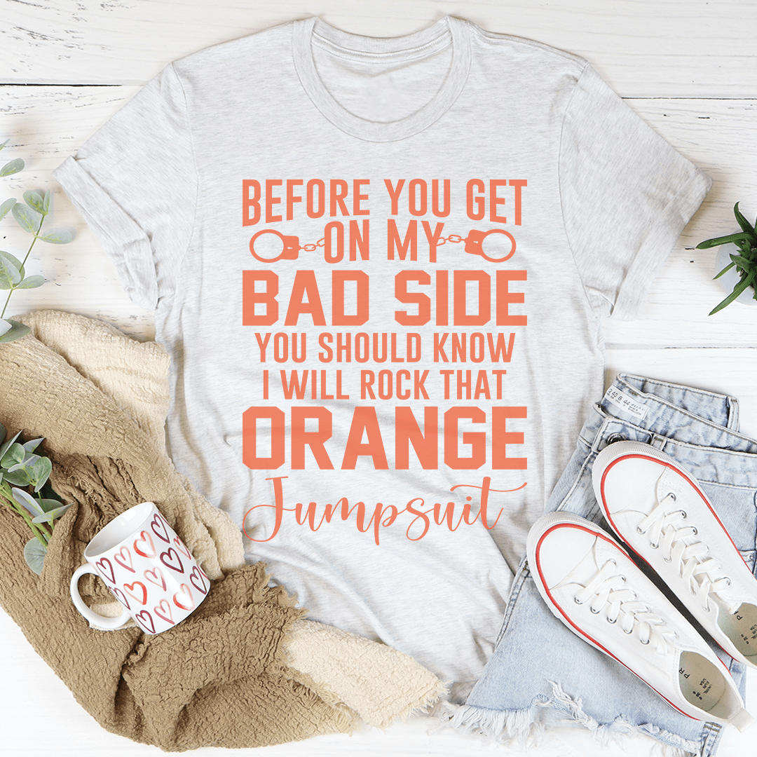 Light heather gray graphic T-shirt with orange “bad side” slogan