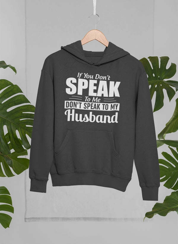 Black hoodie with large printed text on chest and kangaroo pocket