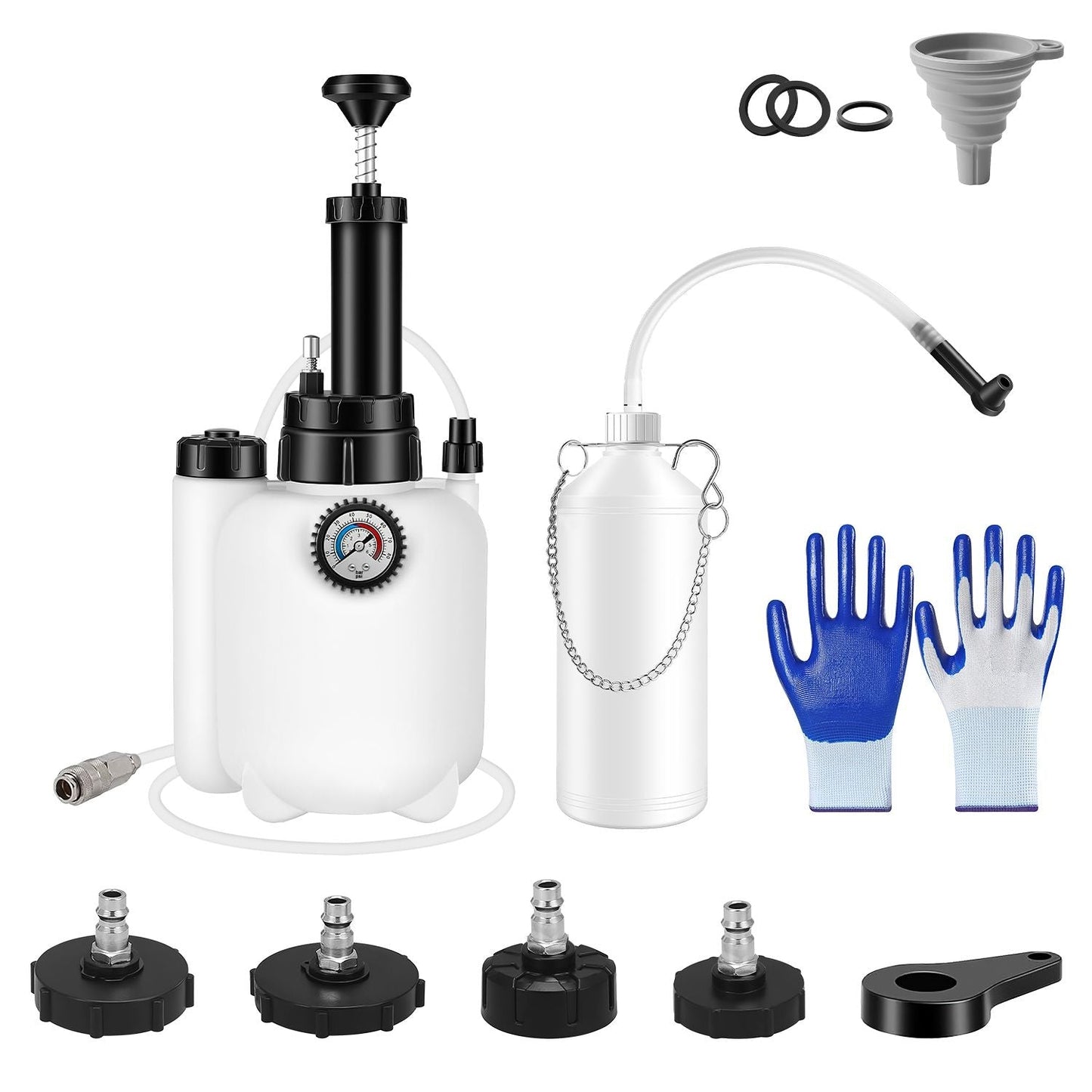 Brake bleeder kit components: white pump, waste bottle, adapters, funnel, blue gloves