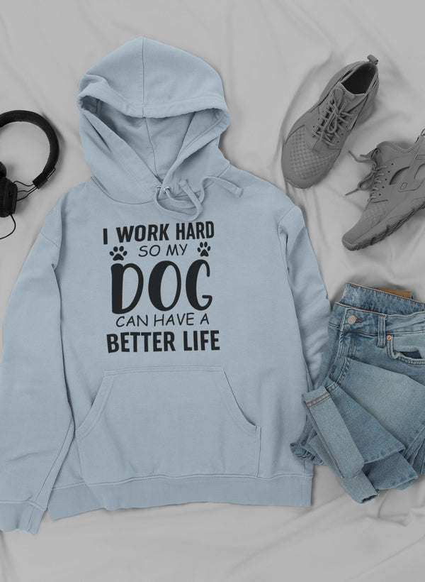 Light blue pullover hoodie with front 'DOG' text graphic