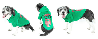 Green hooded LED pet costume worn by three dogs, front and side views