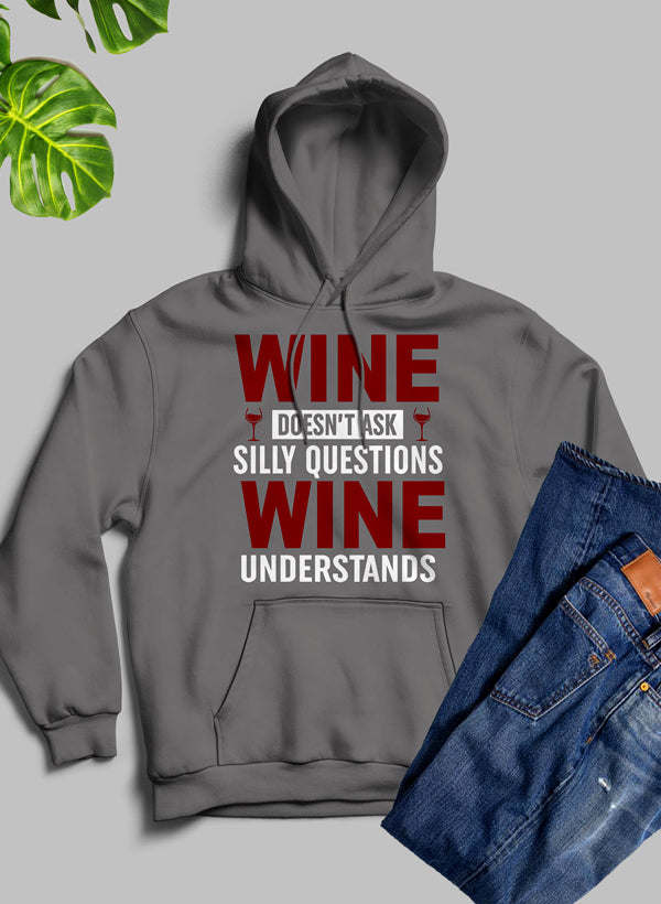 Dark heather hoodie with wine text graphic and front pouch pocket