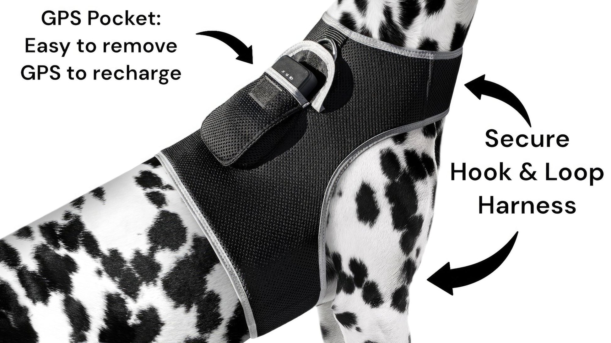 Dog tracking harness with GPS pocket strap and secure hook-and-loop closure