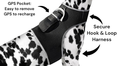 Dog tracking harness with GPS pocket strap and secure hook-and-loop closure
