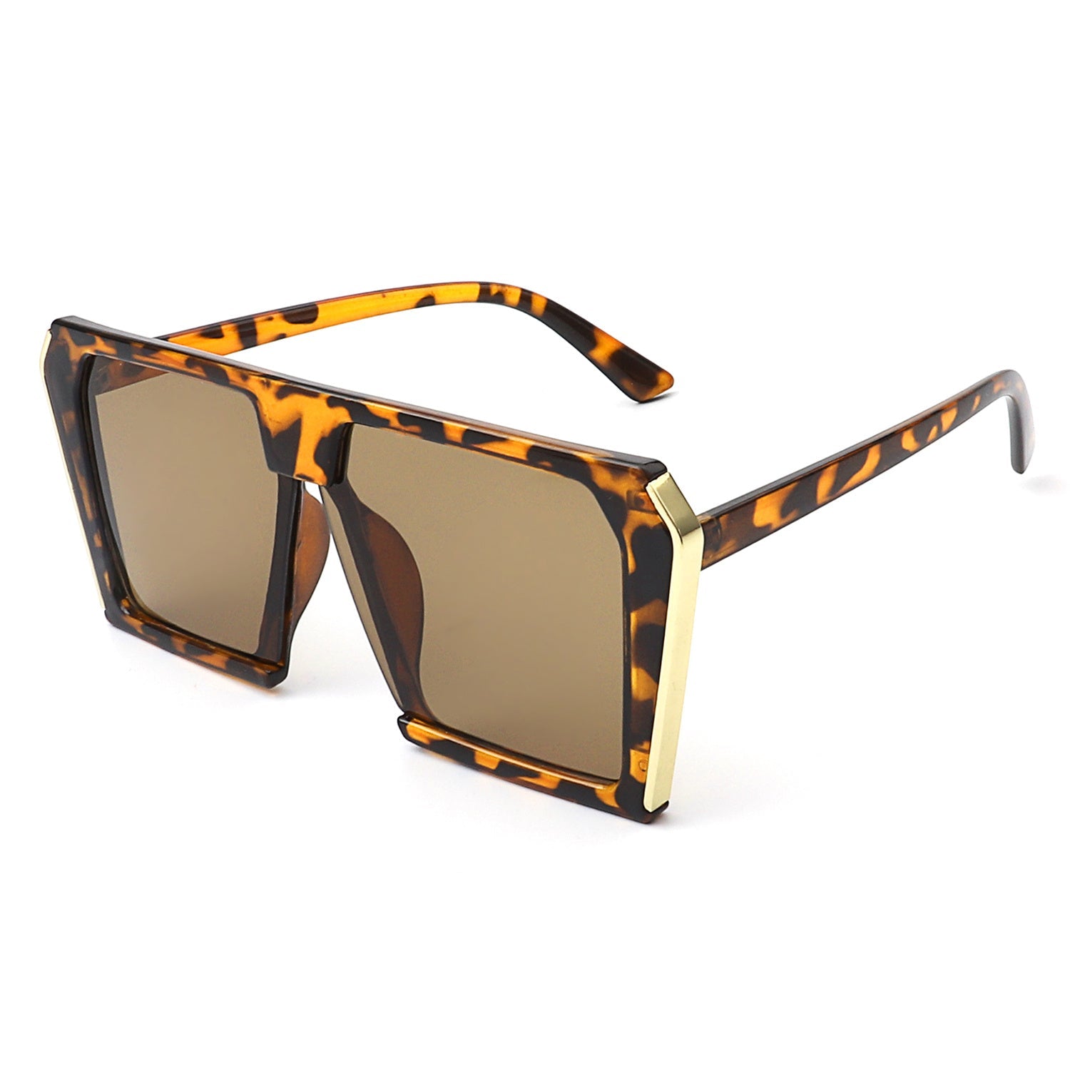Women’s square oversize sunglasses, tortoise frame side view with tan lenses