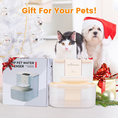 Automatic pet water fountain, beige and white with covered basin and top control panel