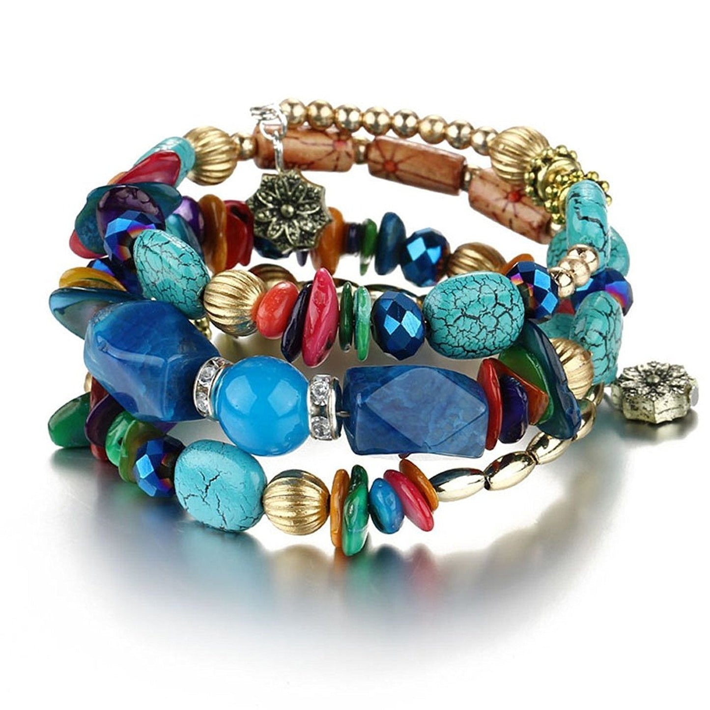 Multilayer boho charm bracelet with blue turquoise stones, red accents, and gold-tone beads