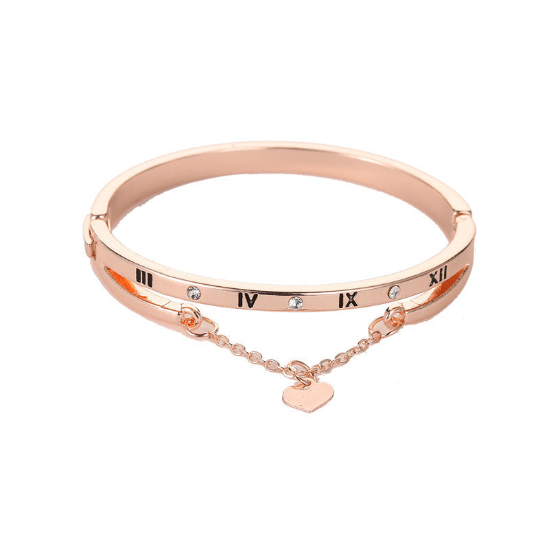 Rose gold stainless steel bracelet bangle with Roman numerals, small stones, heart pendant