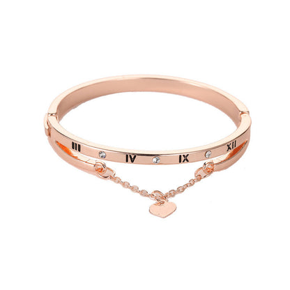 Rose gold stainless steel bracelet bangle with Roman numerals, small stones, heart pendant
