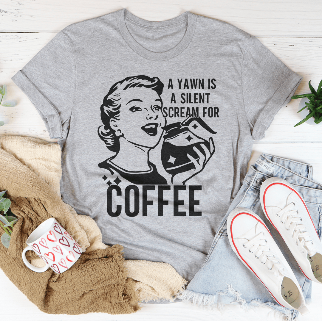 Heather gray crew-neck t-shirt with 'COFFEE' lettering and portrait graphic print