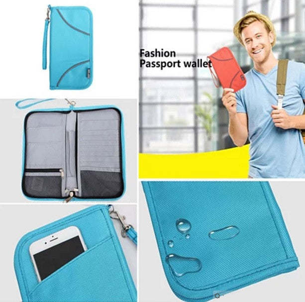 Sky blue passport wallet with open interior, card slots, and phone pocket