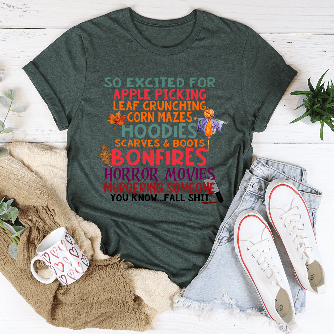 Dark green T-shirt with colorful fall-themed lettering graphic