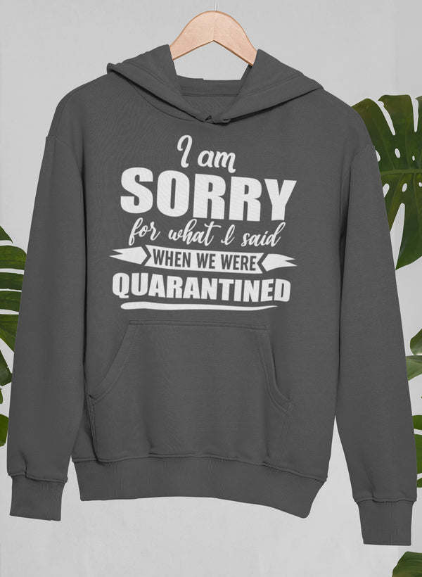 Dark heather gray hoodie with hood and front pocket, featuring “I am sorry” text graphic